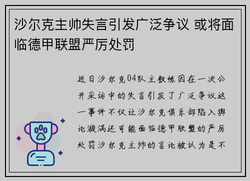 沙尔克主帅失言引发广泛争议 或将面临德甲联盟严厉处罚