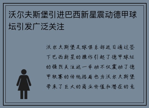 沃尔夫斯堡引进巴西新星震动德甲球坛引发广泛关注